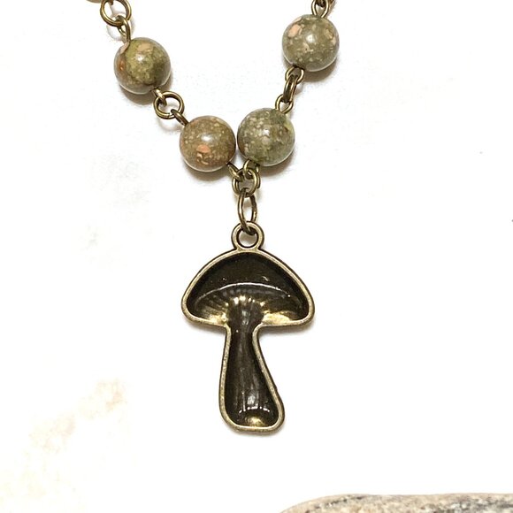 Natural Earthy Unakite Necklace, Cute Bronze Slim Mushroom + Genuine Gemstone - Picture 5 of 15